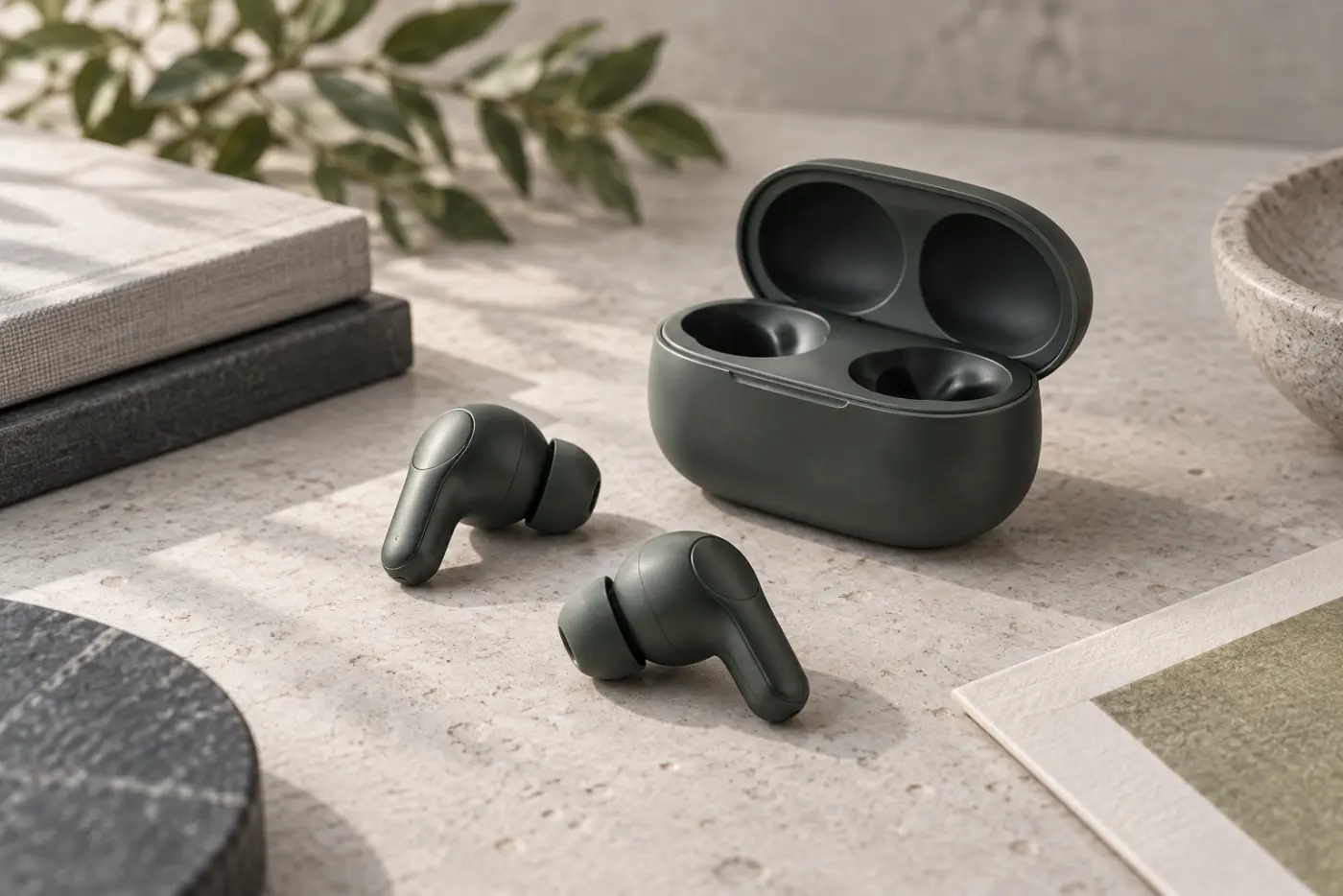 Generic wireless earbuds and open case, an AI illustration