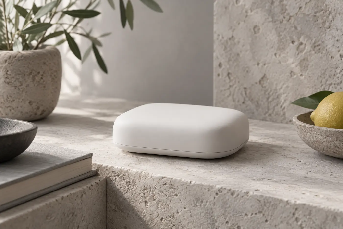Generic smart-home hub on pale stone, an AI illustration