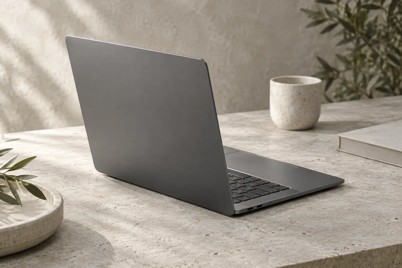 Generic graphite laptop on pale stone, an AI illustration