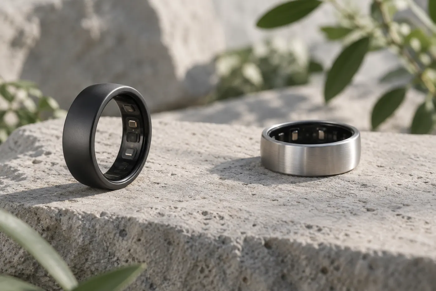 Two generic wearable ring silhouettes on pale stone, an AI illustration