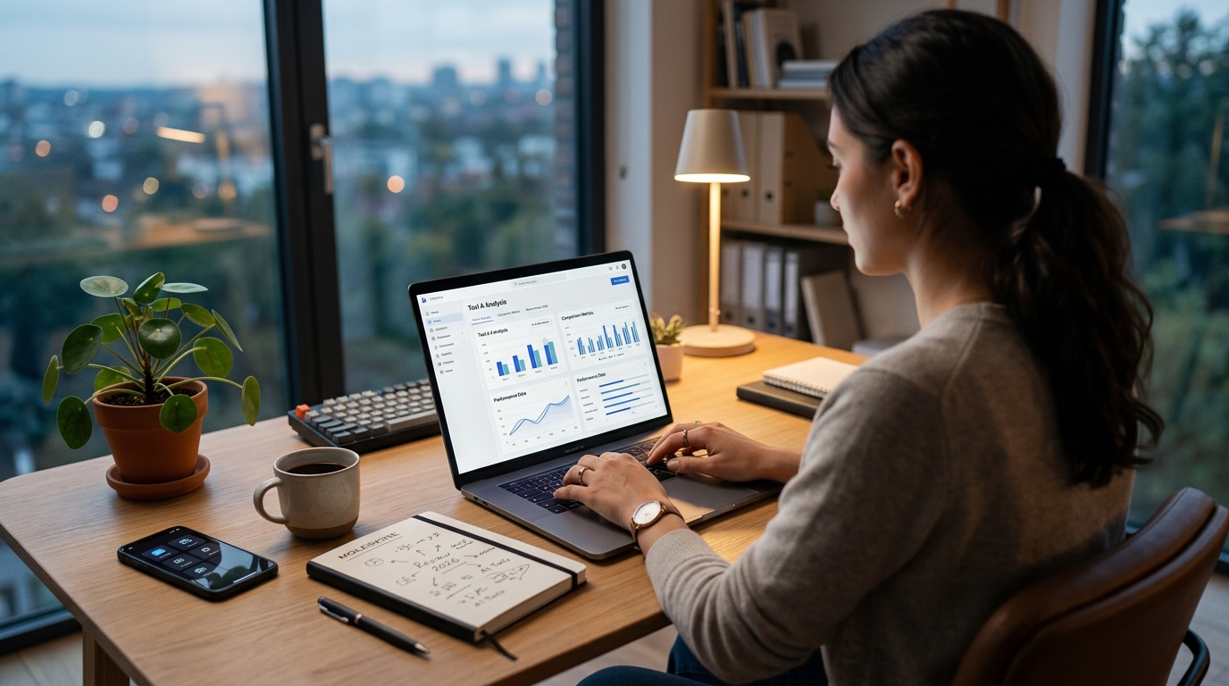 A professional writer using multiple AI writing tools on different screens in a modern office