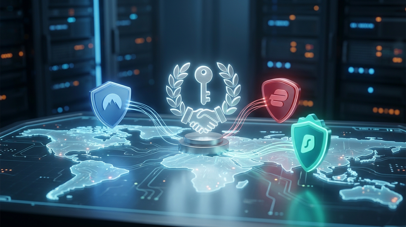 A comparison chart showing NordVPN, ExpressVPN, and Surfshark logos with key metrics like speed, price, and servers.