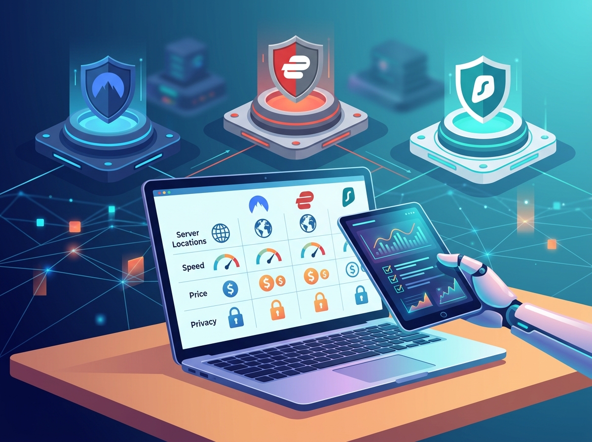 A visual guide comparing the pricing tiers, server counts, and key features of NordVPN, ExpressVPN, and Surfshark in a table format.