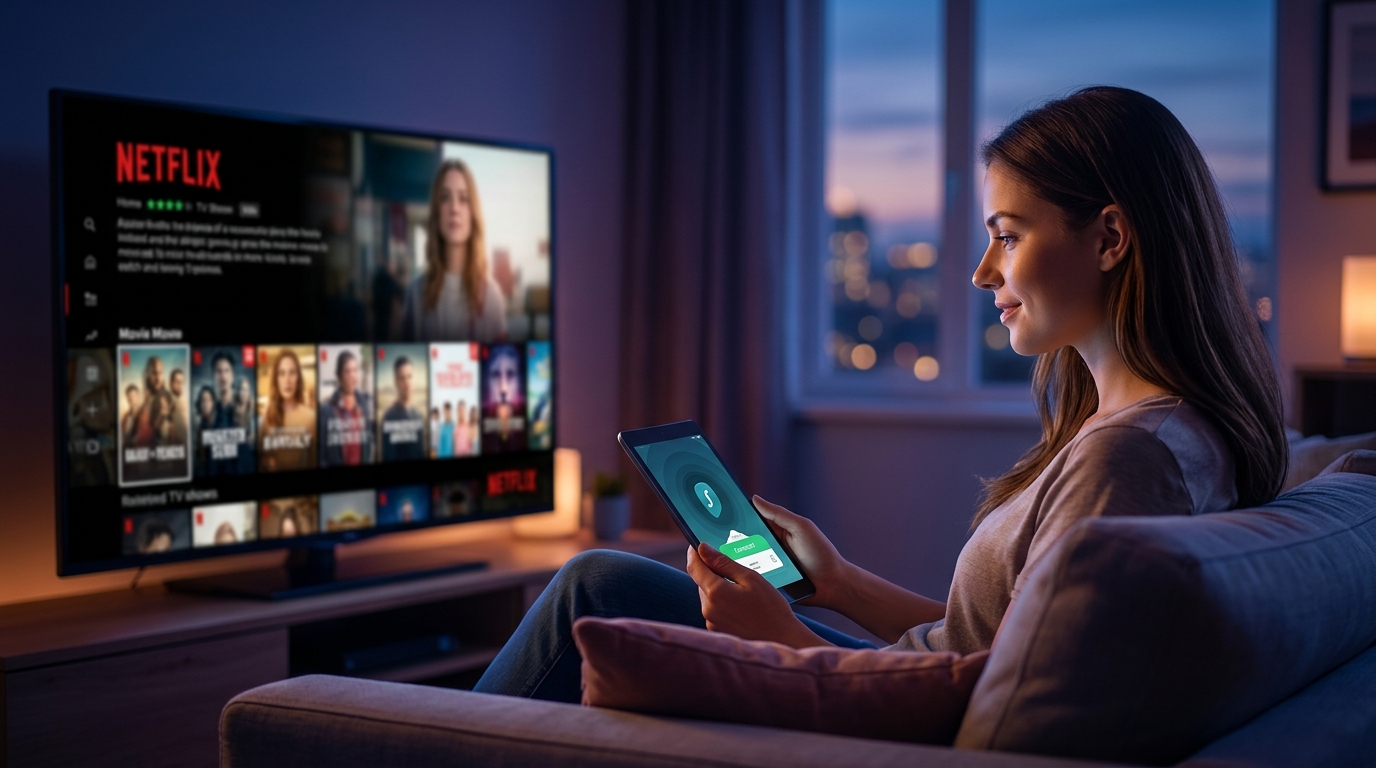 A person using a laptop with a globe interface showing VPN connections to different countries for Netflix streaming