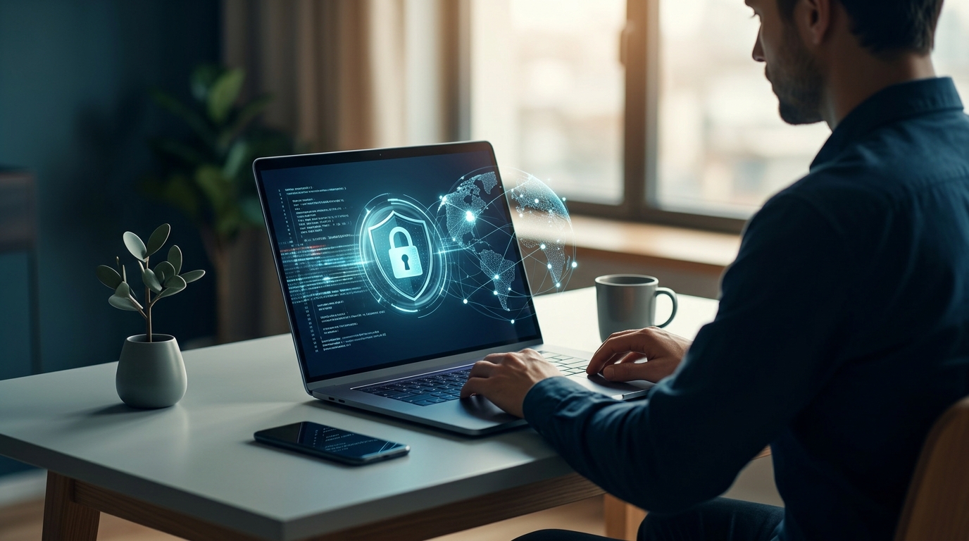 A laptop displaying the NordVPN interface with global server connections, symbolizing secure, private internet access.