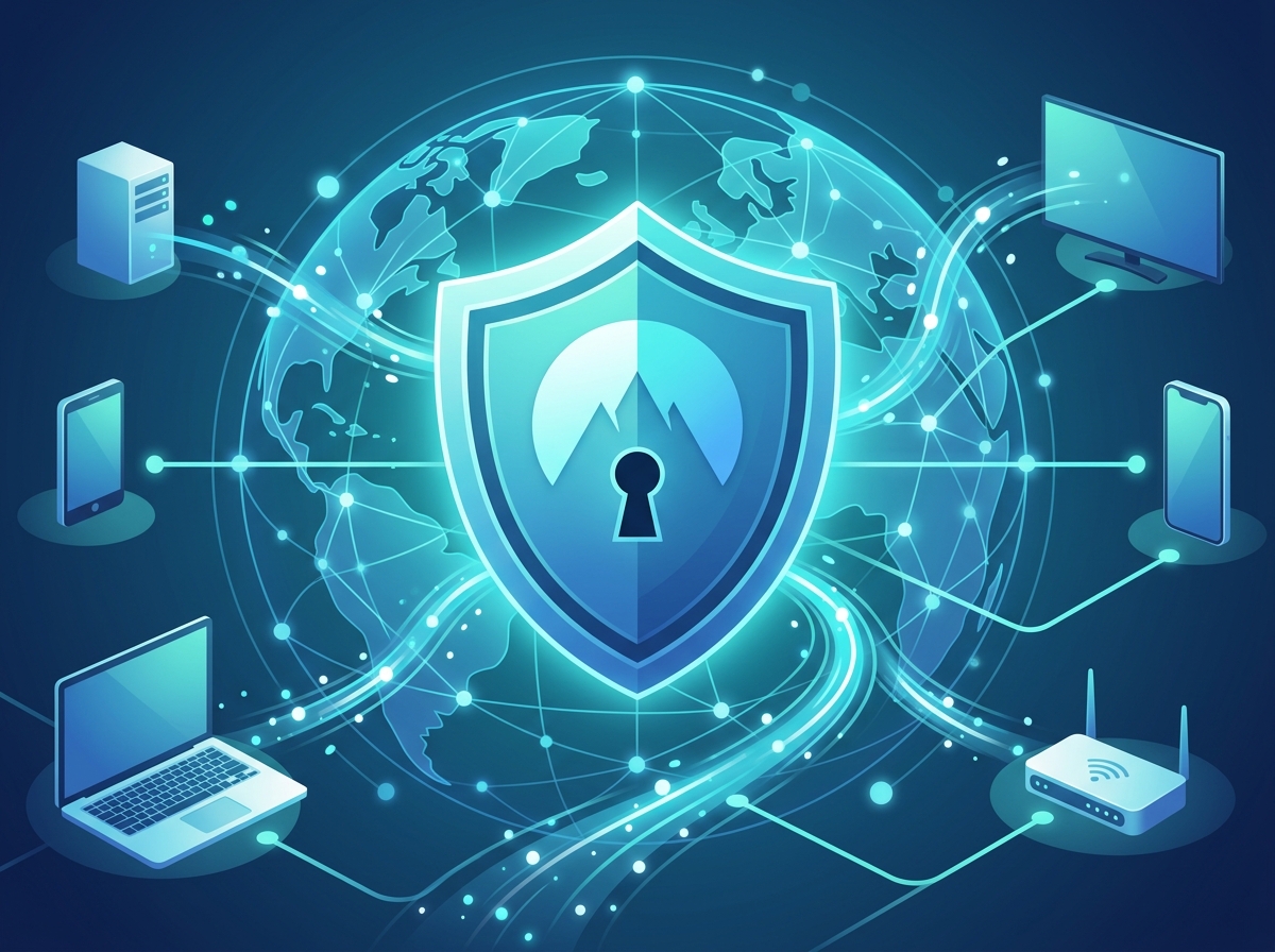 Close-up technical diagram illustrating encrypted data tunnels and server connections central to VPN technology.