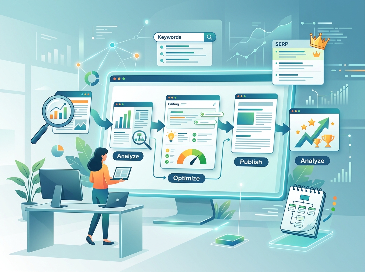 Surfer SEO Review 2026 content editor interface illustration