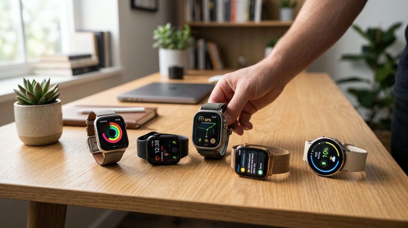 A curated selection of modern smartwatches from leading brands laid out on a table, illustrating the variety of designs and sizes available in 2026.