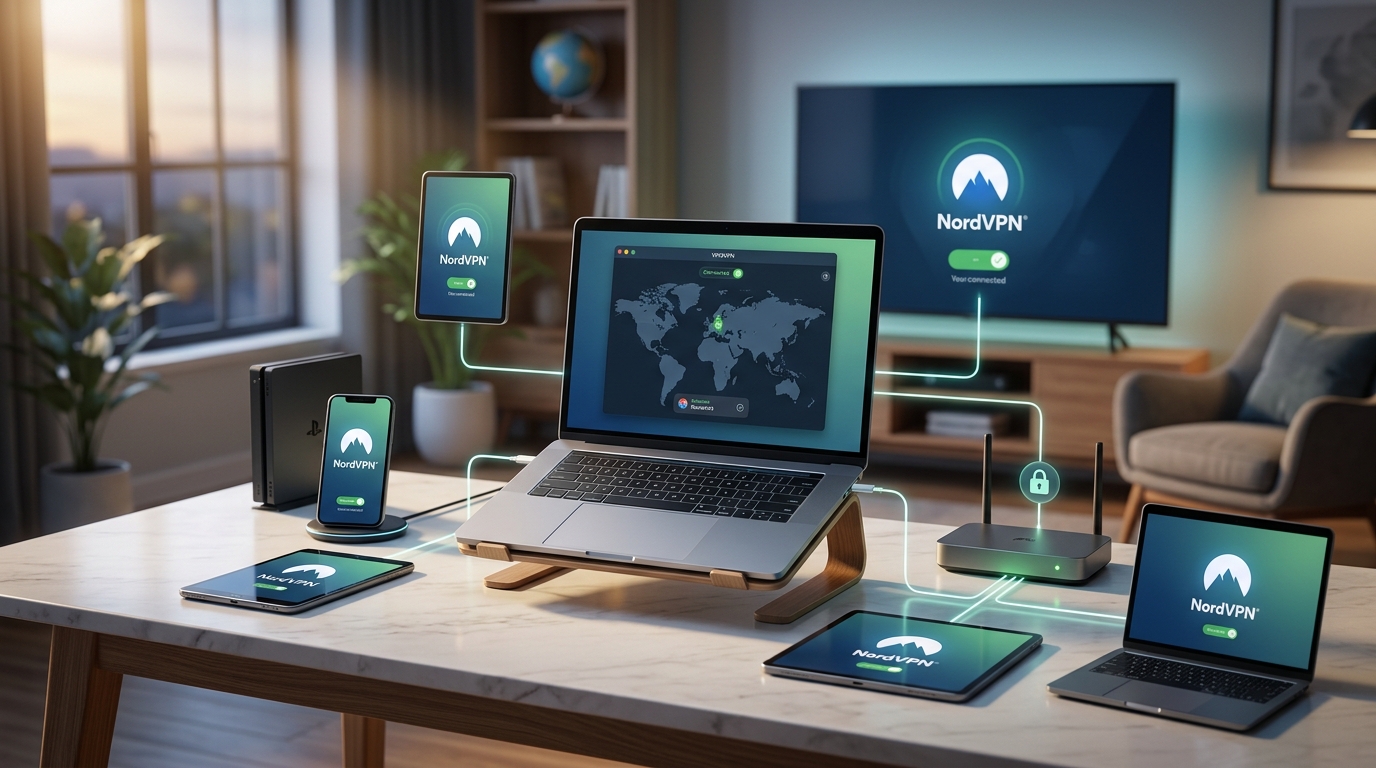 A modern desk with a laptop, smartphone, tablet, and router all displaying the NordVPN connected interface, symbolizing complete multi-device protection.