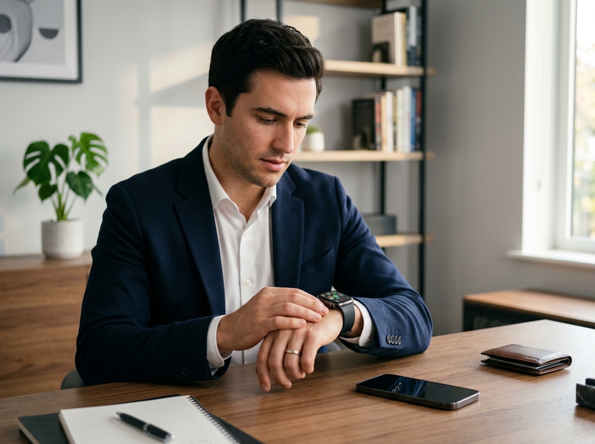A close-up image showing a smartwatch with a sleek metal band on a wrist wearing a dress shirt, and the same watch with a sport band on a wrist during a run, highlighting versatility.