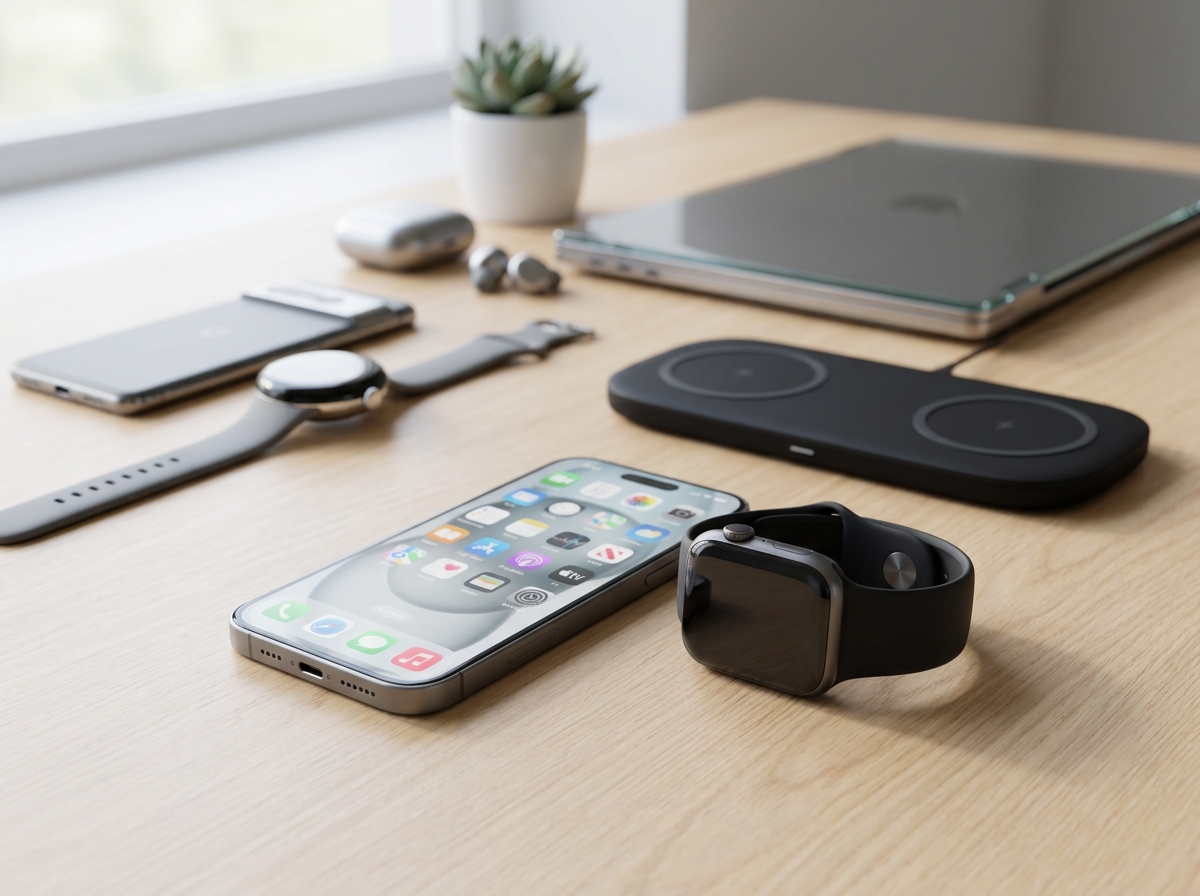 A side-by-side comparison of smartwatch battery sizes and a chart showing days of battery life, highlighting the stark difference between daily and weekly charging devices.